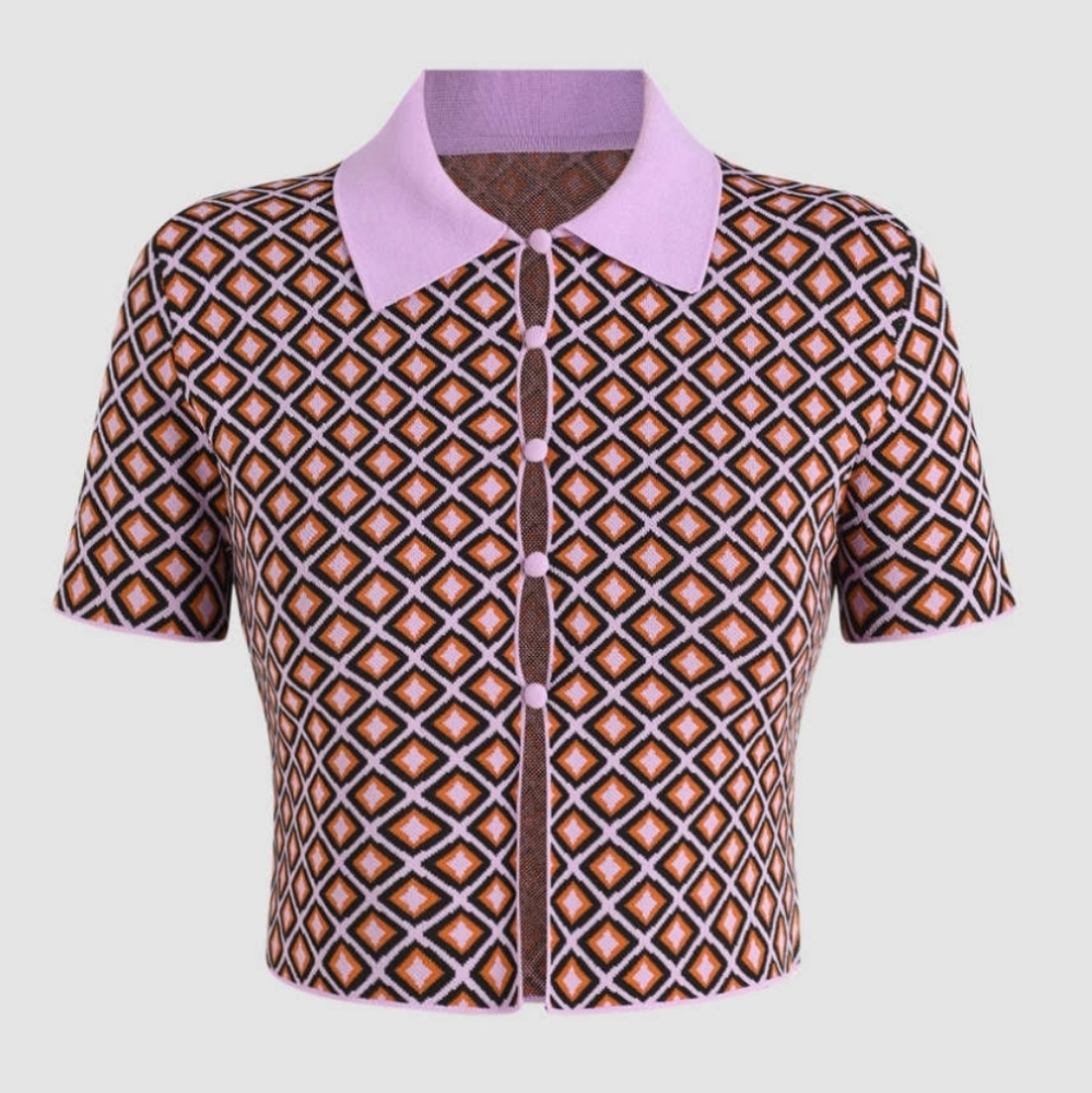 ZARA Geometric Jacquard Knit Cropped Polo Shirt Lilac